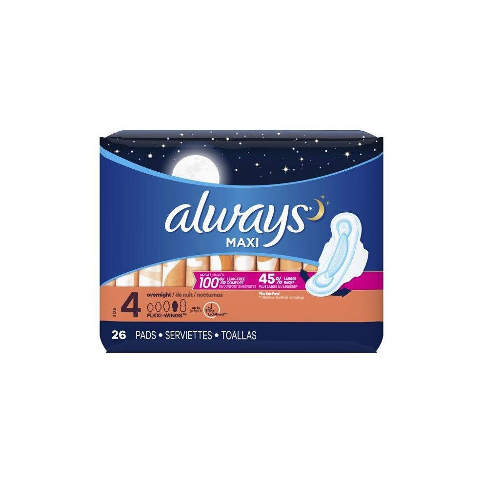 Always Maxi Overnight Pads with Wings, Unscented, Size 4, 26 ct