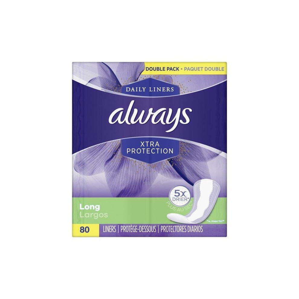 Always Xtra Protection Daily Liners Long Unscented, 80 Count