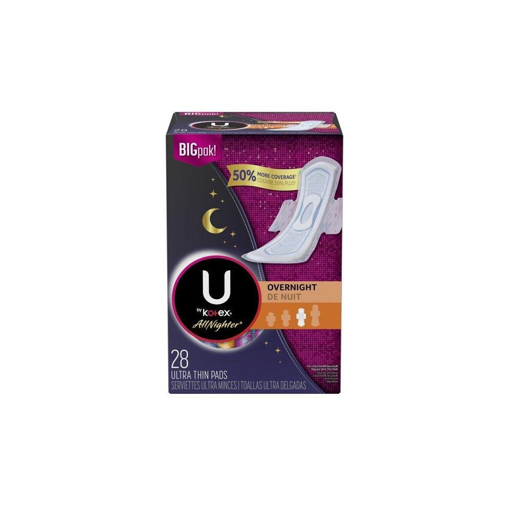 Kotex U By All Nighter Overnight Ultra Thin Pads Bigpak!, 28 Count