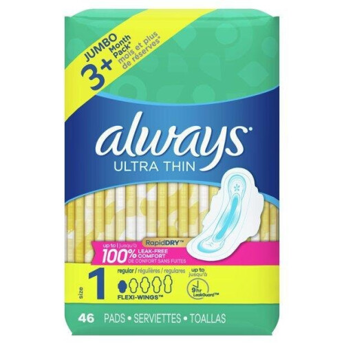 Always Always Ultra Thin Regular Pads with Wings, Unscented, Size 1, 46 Ct