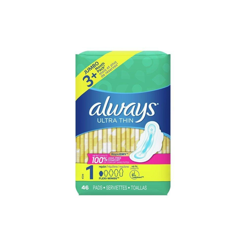 Always Ultra Thin Regular Pads with Wings, Unscented, Size 1, 46 Ct