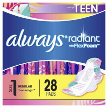 Always Radiant Teen Regular Flow Pads with Wings, Unscented, 28 Ct