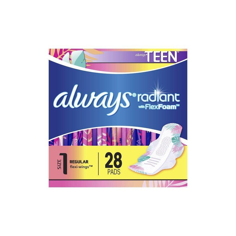 Always Radiant Teen Regular Flow Pads with Wings, Unscented, 28 Ct