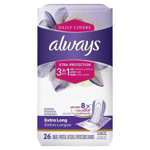 Always Xtra Protection 3-in-1 Daily Liners Extra Long, Unscented, 26 ct