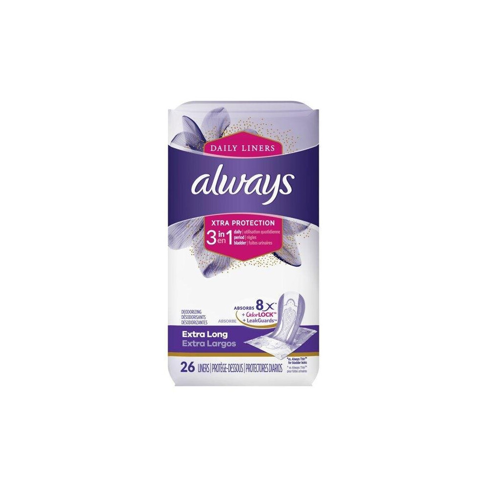 Always Xtra Protection 3-in-1 Daily Liners Extra Long, Unscented, 26 ct