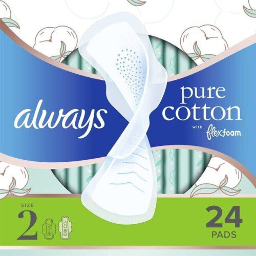 Always Always Pure Cotton with FlexFoam Pads Heavy Flow Size 2, 24 Count