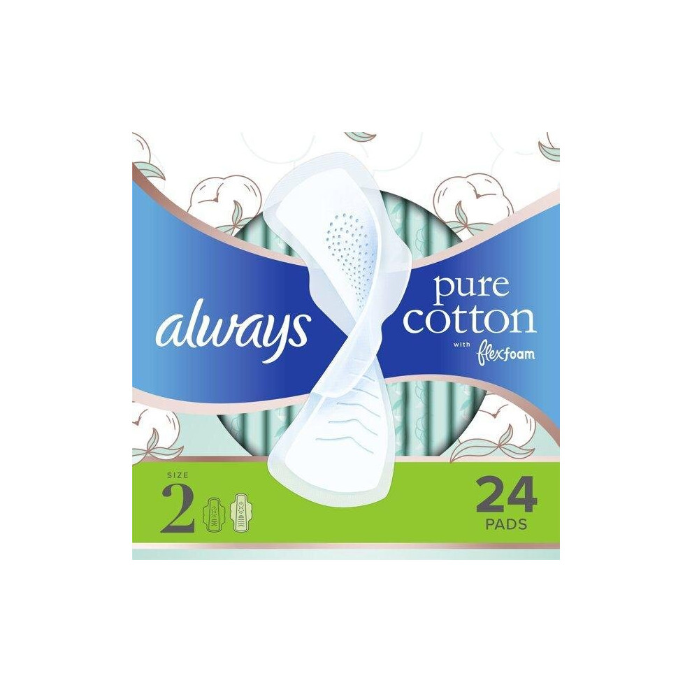 Always Pure Cotton with FlexFoam Pads Heavy Flow Size 2, 24 Count