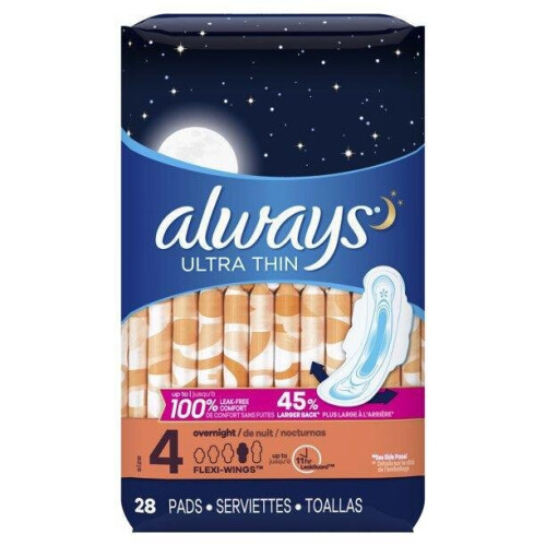 Always Always Ultra Thin Overnight Pads with Wings, Unscented, Size 4, 28 Ct