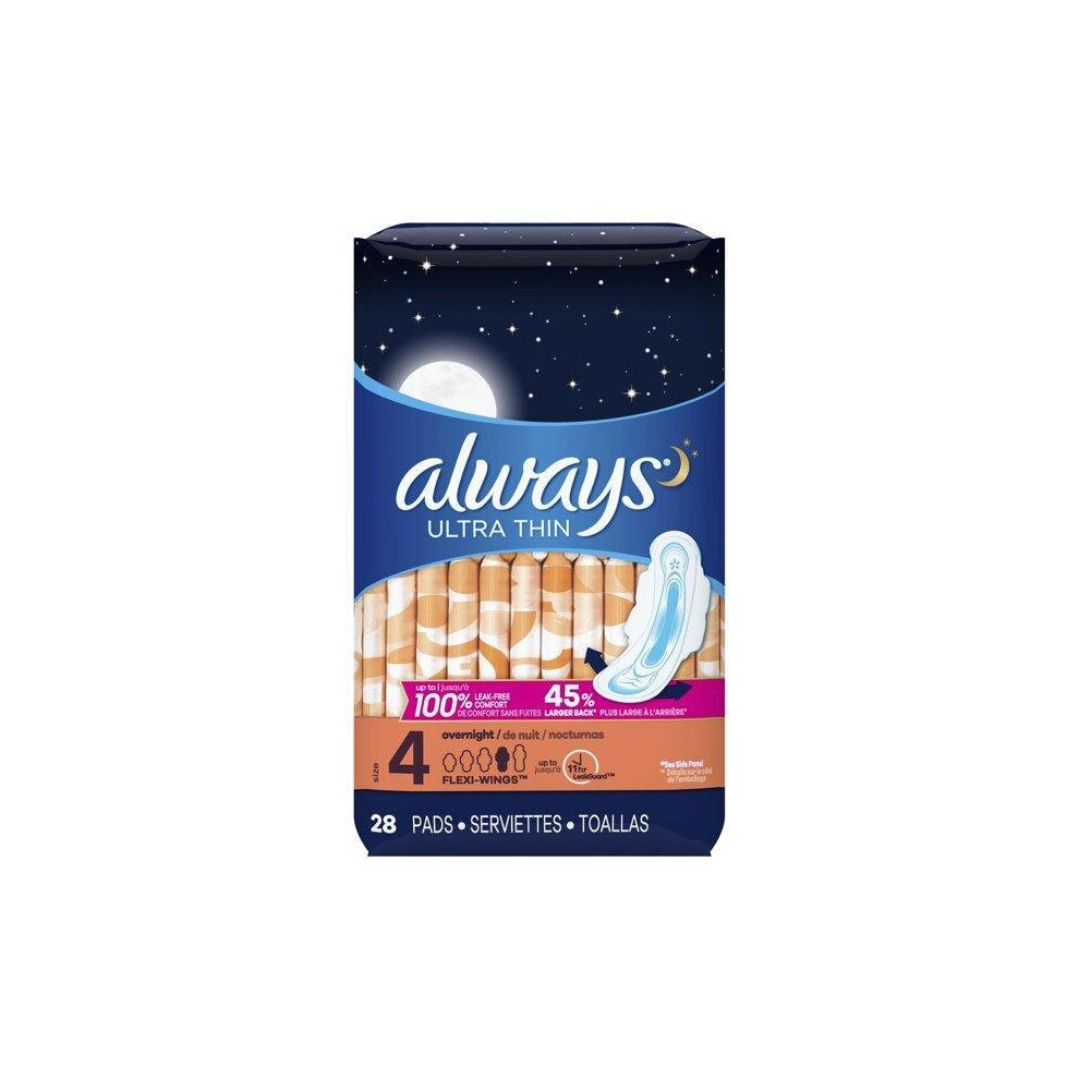 Always Ultra Thin Overnight Pads with Wings, Unscented, Size 4, 28 Ct