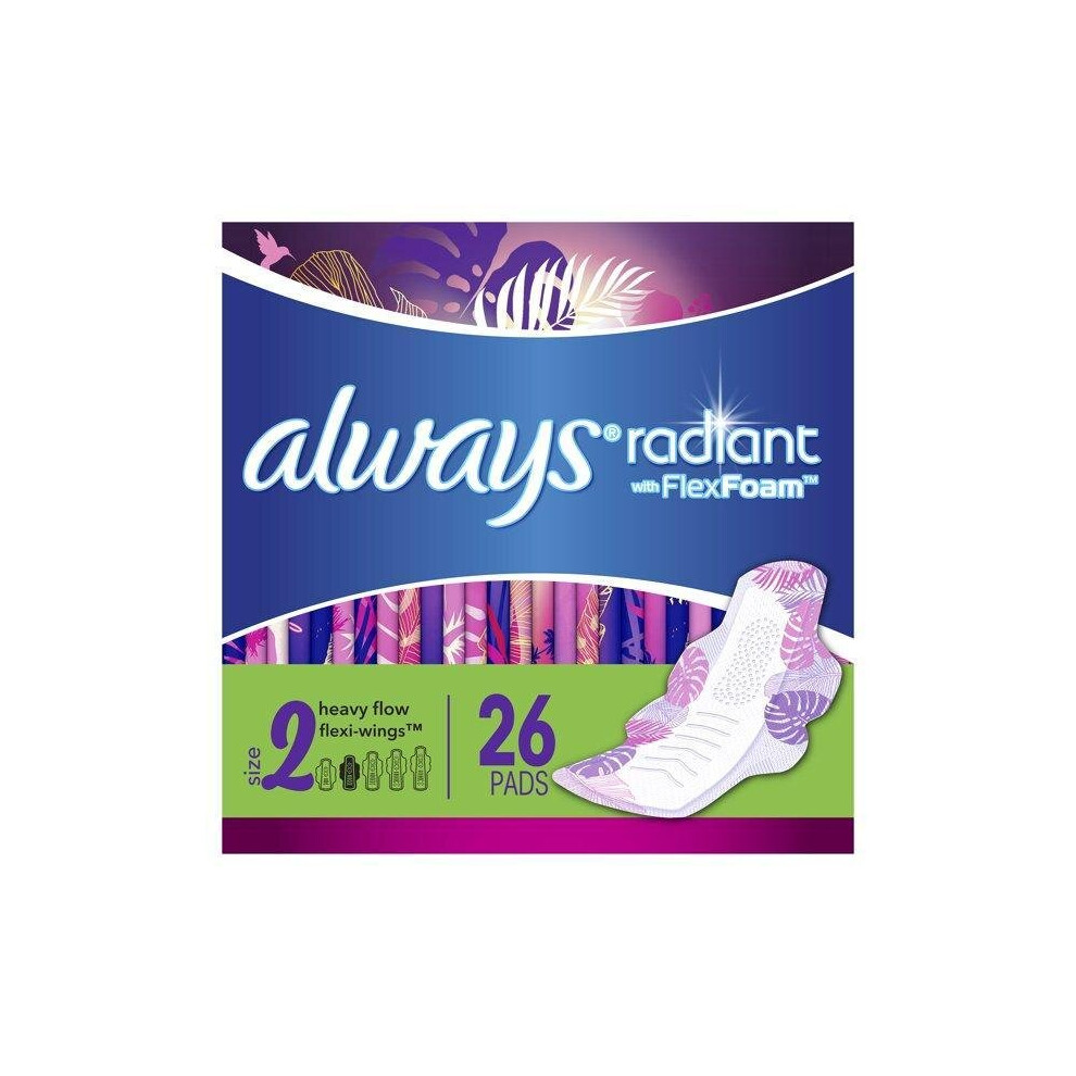 Always Radiant Heavy Pads, Light Clean Scent with Wings, Size 2, 26 ct