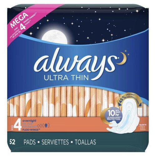 Always Always Ultra Thin Overnight Pads with Wings Unscented, Size 4, 52 Ct