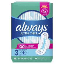 Always Ultra Thin Pads Size 3 Extra Long Super Absorbency Unscented with Wings, 38 Count