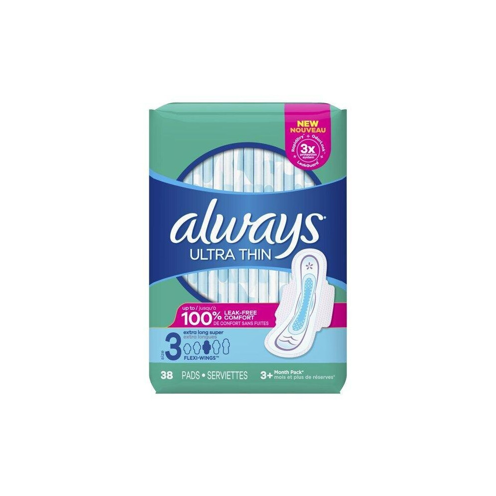 Always Ultra Thin Pads Size 3 Extra Long Super Absorbency Unscented with Wings, 38 Count