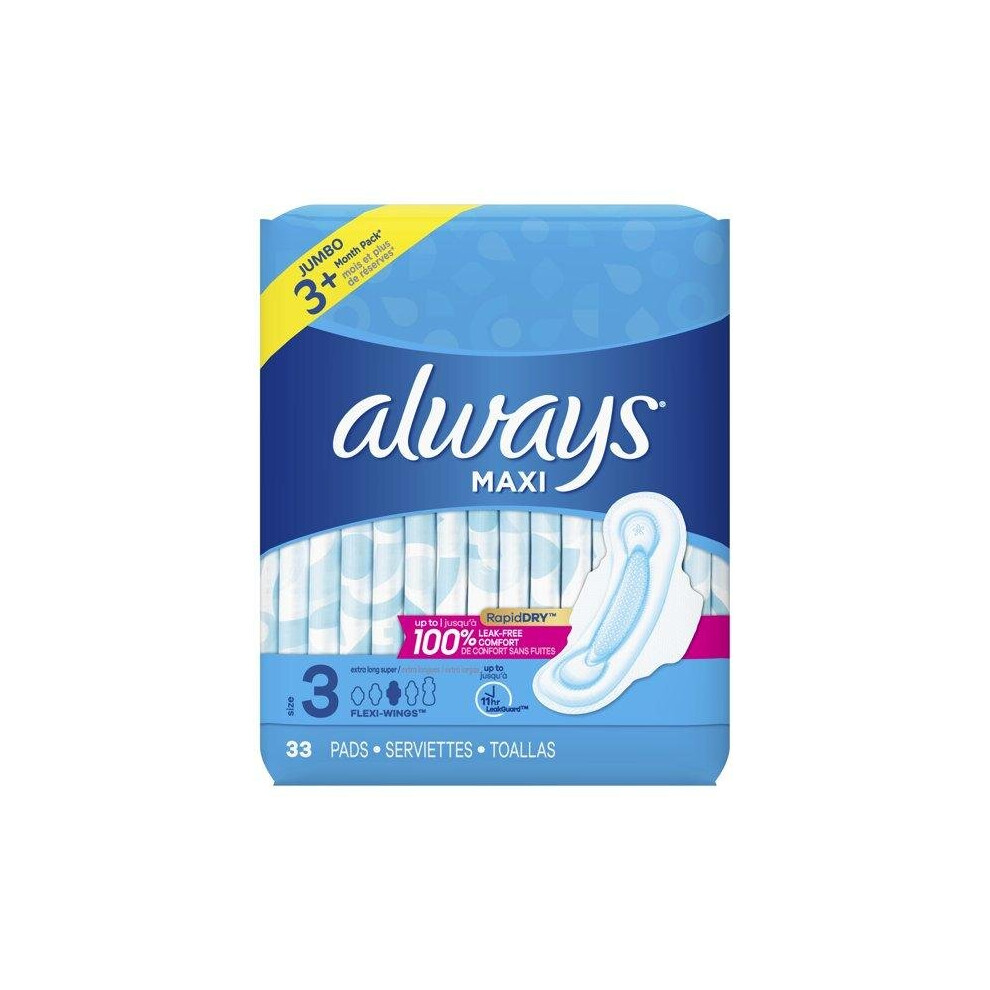 Always Maxi Pads, Winged, Unscented, Super, Extra Long, Size 3, 33 ct