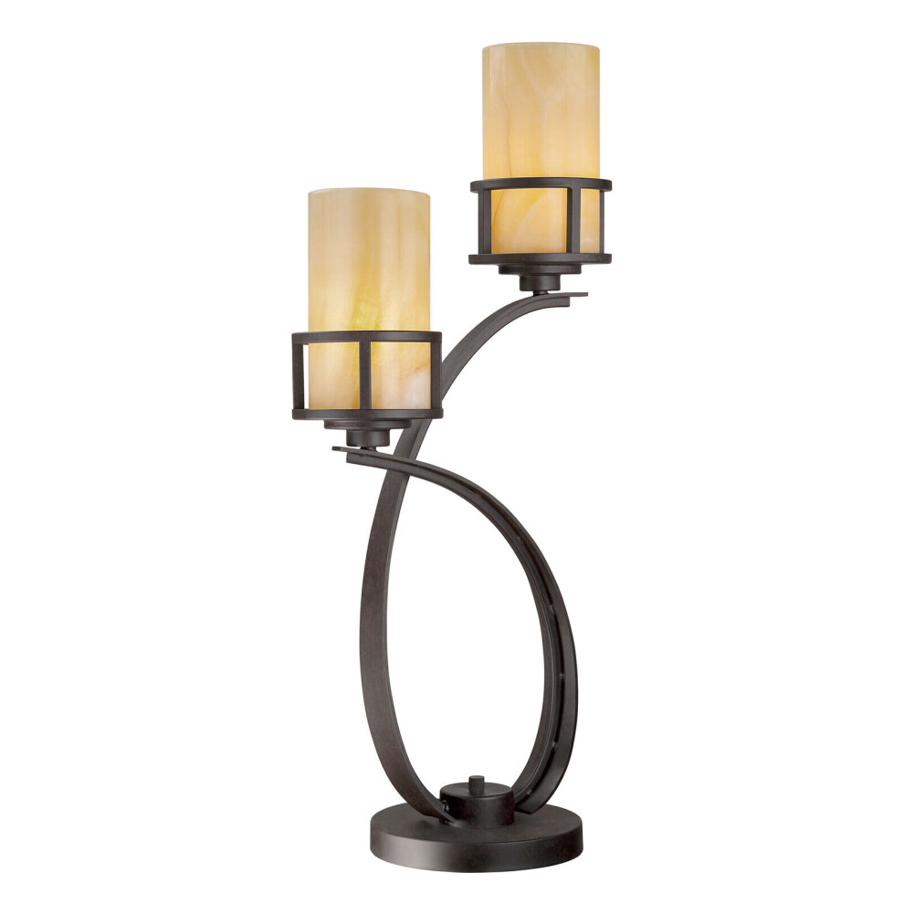 2 Bulb Twin Table Lamp Butterscotch Onyx Shades Imperial Bronze LED E27 100W