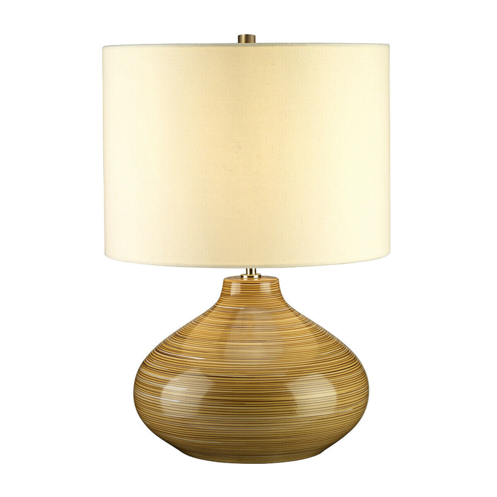 Loops Ceramic Table Lamp Linen Ivory Shade Wood Effect Led E27 60W Bulb