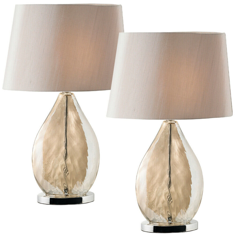 Loops 2 Pack Table Lamp & Shade Tinted Glass & Mink Fabric Pretty Bedside Gold/Light