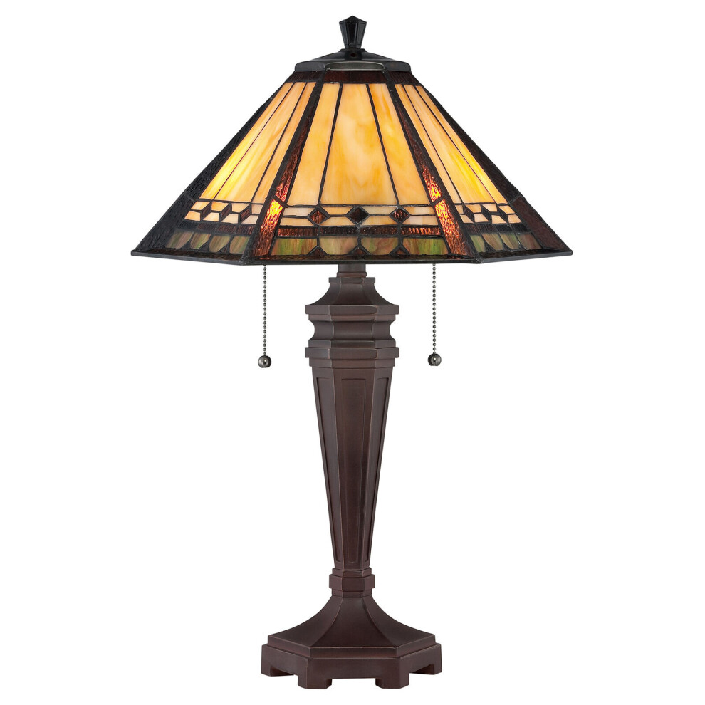 Loops 2 Bulb Table Lamp Tiffany Coloured Glass Metal Base Patina Led E27 60W Bronze