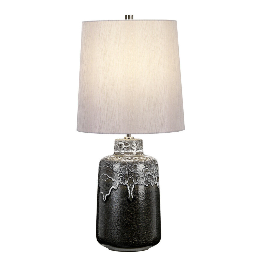 Loops Table Lamp White Drip Glaze Faux Linen Tapered Cylinder Silver Shade Led E27 60W