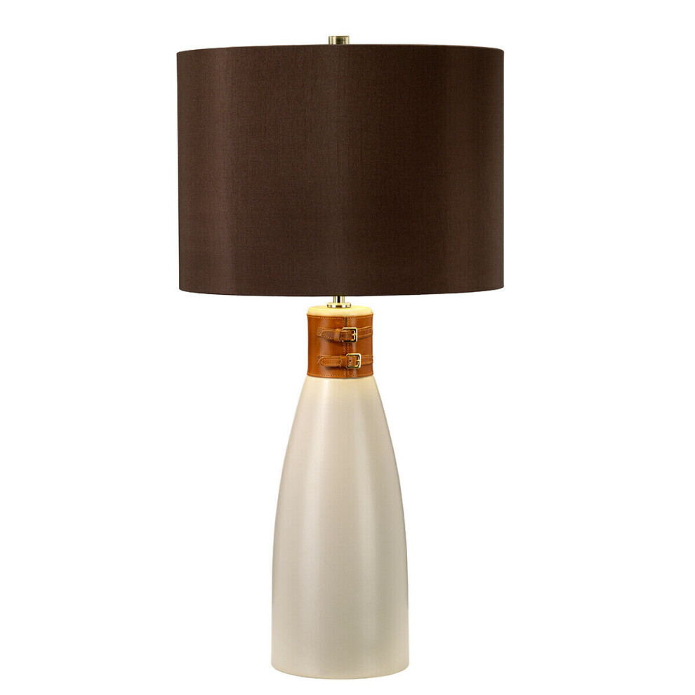 Table Lamp Brown Leather Brass Strap Brown Faux Silk Cylinder Shade LED E27 60W