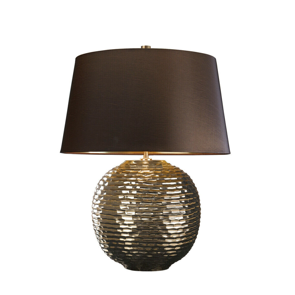 Loops Table Lamp Textured Gold Glaze Brown Faux Silk Shade Finial Gold Led E27 60W