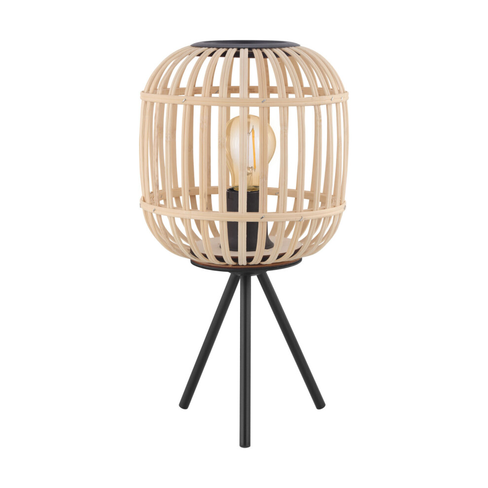 Loops Table Lamp Desk Tripod & Round Wood Cage Shade 1 X 28W E27 Bulb Light/Black