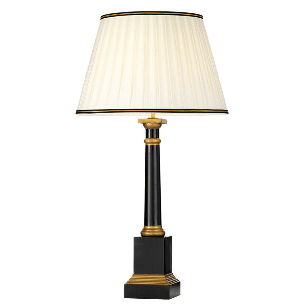 Loops Table Lamp Black Column Ivory Box Pleat Shade With Black & Gold Trim Led E27 60W