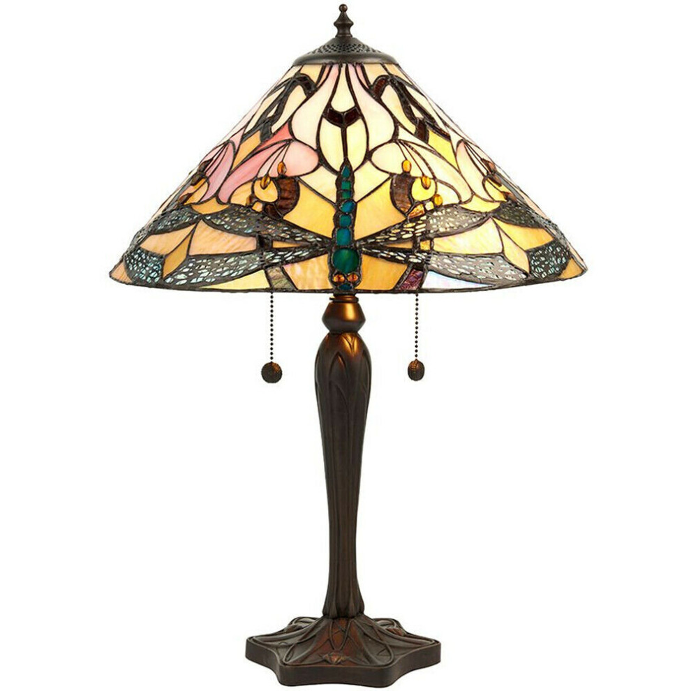 Tiffany Glass Table Lamp Light Dark Bronze & Rich Cream Dragonfly Shade i00169