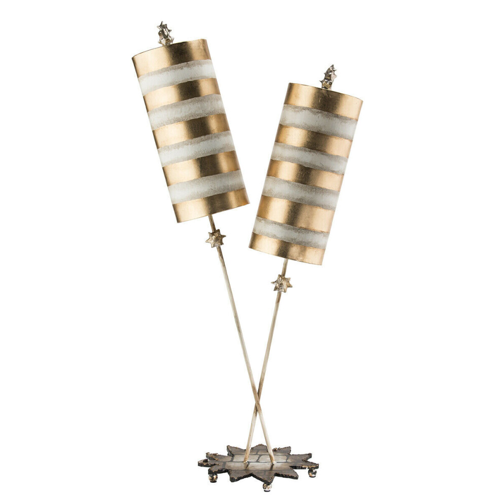 Loops 2 Bulb Table Lamp Gold Leaf & Taupe Striped Shades Star Leaf Base Led E27 60W