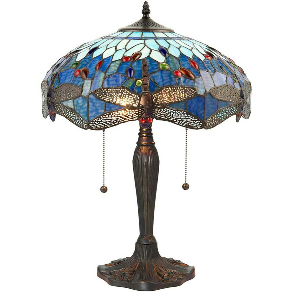 Loops Tiffany Glass Table Lamp Base & Blue Dragonfly Shade I00192 Light/Dark/Bronze