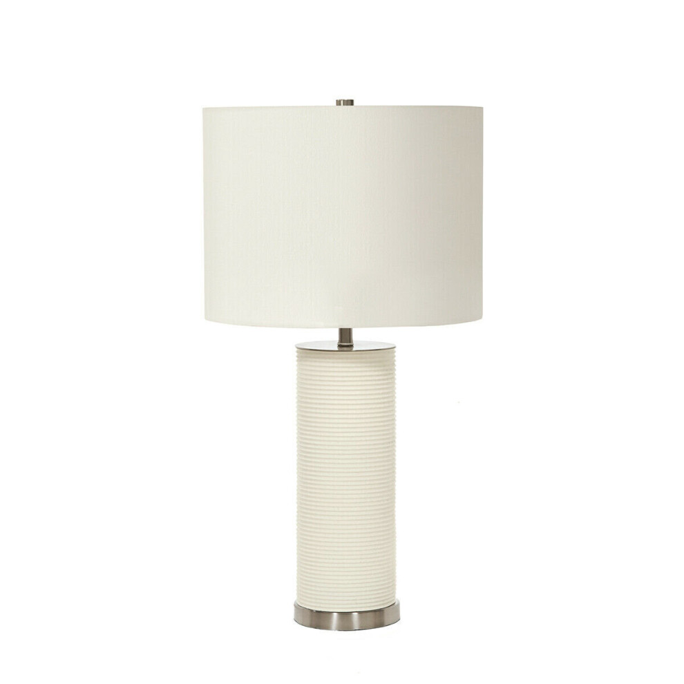 Loops Table Lamp Ribbed White Resin Base White Faux Linen Shade White Led E27 60W