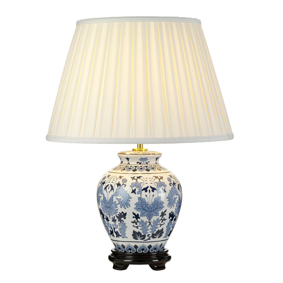 Loops Table Lamp Oriental Wooden Base Ivory Box Pleat Shade Blue/White Led E27 60W