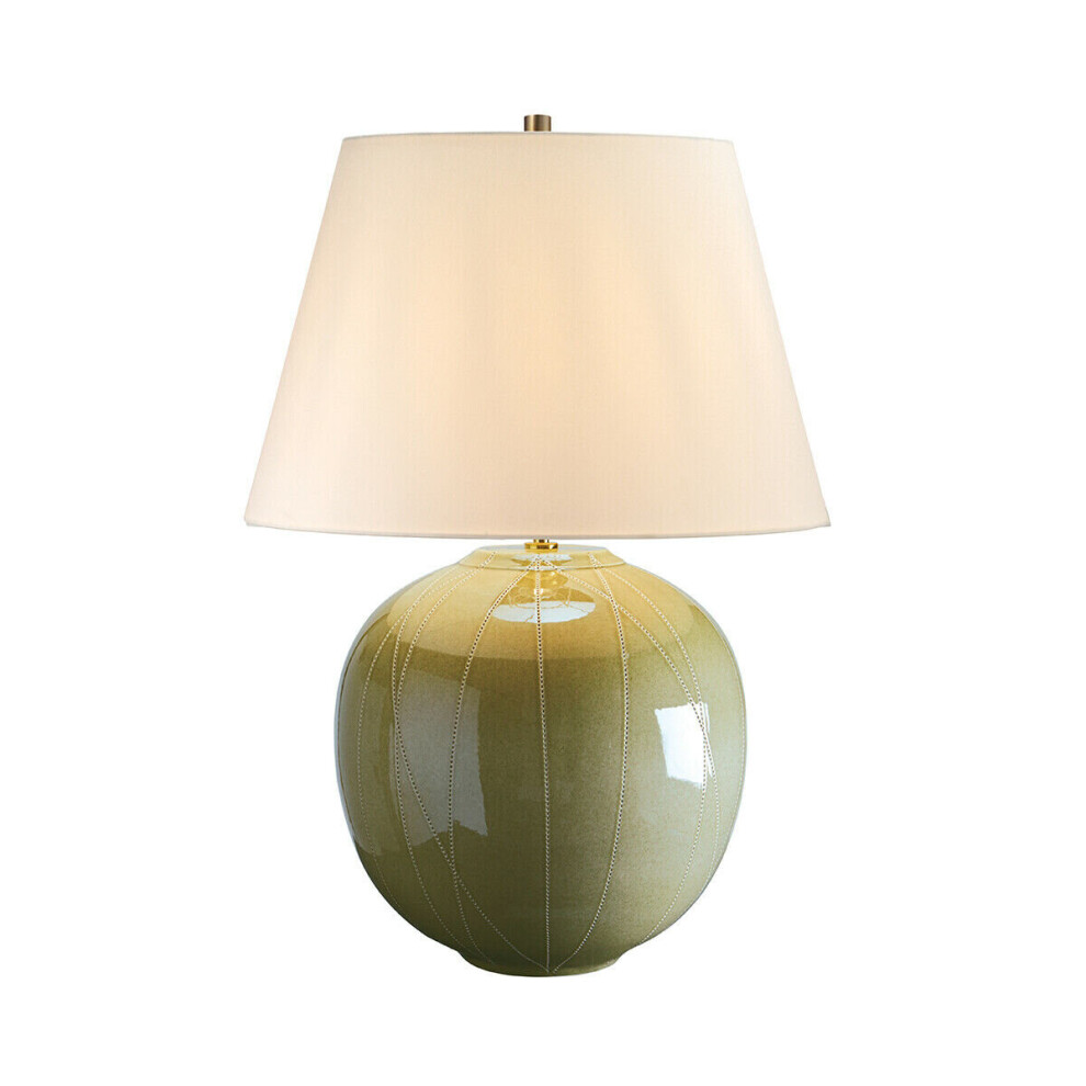 Loops Table Lamp Green Glaze Cream Faux Silk Shade Green Reactive Glaze Led E27 60W