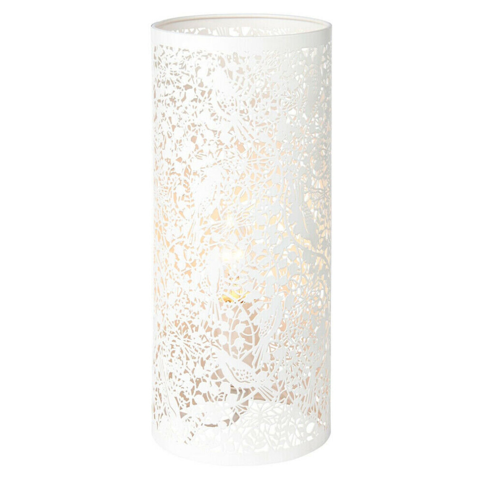 Pattern Table Lamp Light Matt Ivory Floral Bird Metal Cylindrical Shade Modern