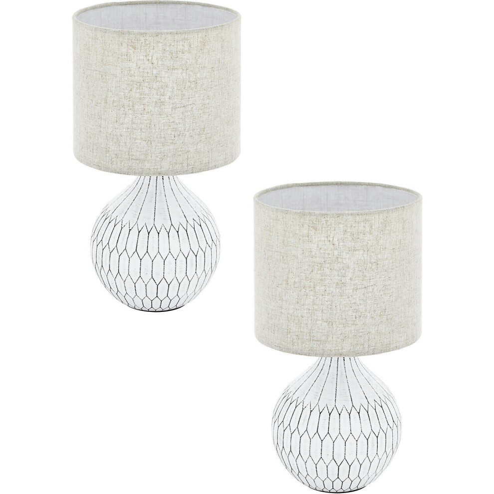 2 PACK Table Lamp White Patterned Base Shade Light Brown Fabric Linen E27 1x40W