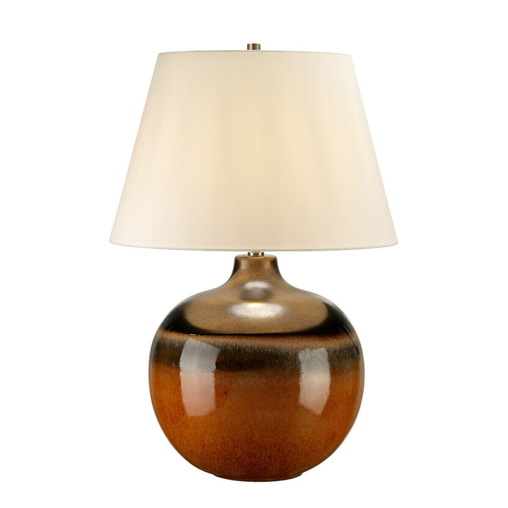 Loops Table Lamp Orange & Brown Glaze. Cream Faux Silk Shade Led E27 60W