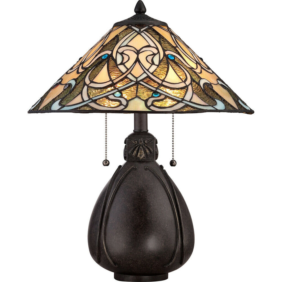 Loops 2 Bulb Twin Table Lamp Tiffany Glass Bulbous Base Imperial Bronze Led E27 75W