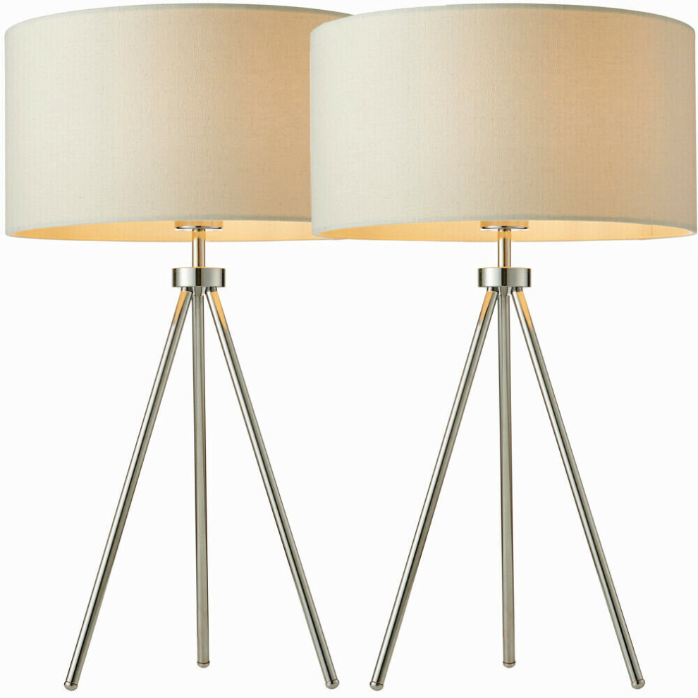 Loops 2 Pack Modern Tripod Table Lamp Chrome & Shade Slim Leg Bedside Desk Ivory/Light