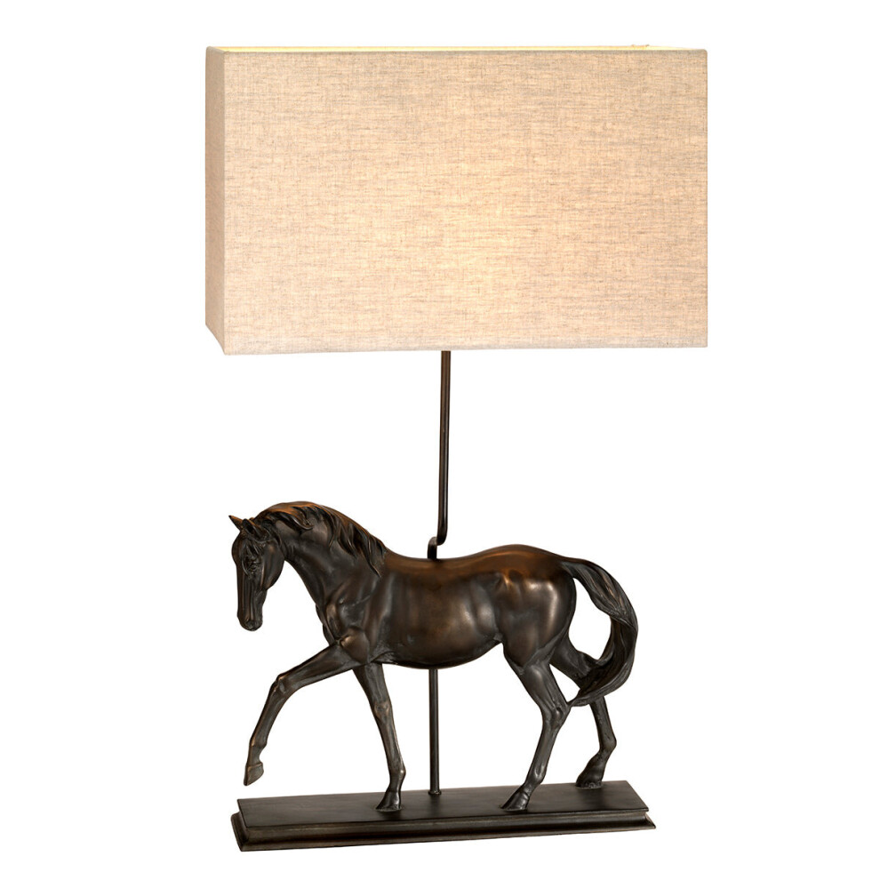 Loops Table Lamp Large Horse Statuette Natural Hessian Shade Patina Led E27 40W Bronze