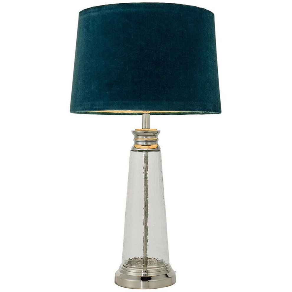 Loops Luxury Table Lamp Textured Hammered Clear Glass & Teal Velvet Fabric Shade Light