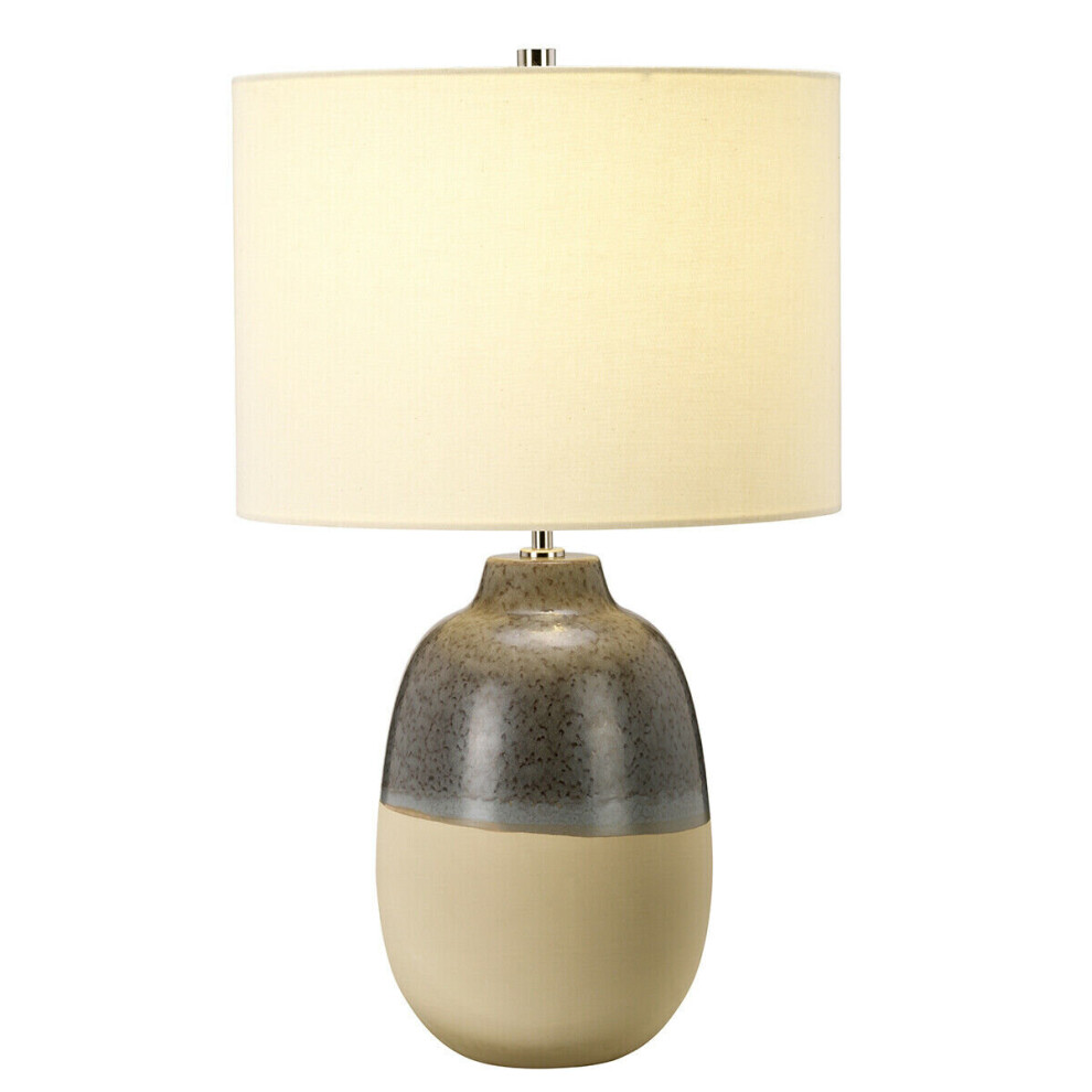 Table Lamp Grey Brown Glaze Matt Beige Base Cream Faux Silk Shade LED E27 60W