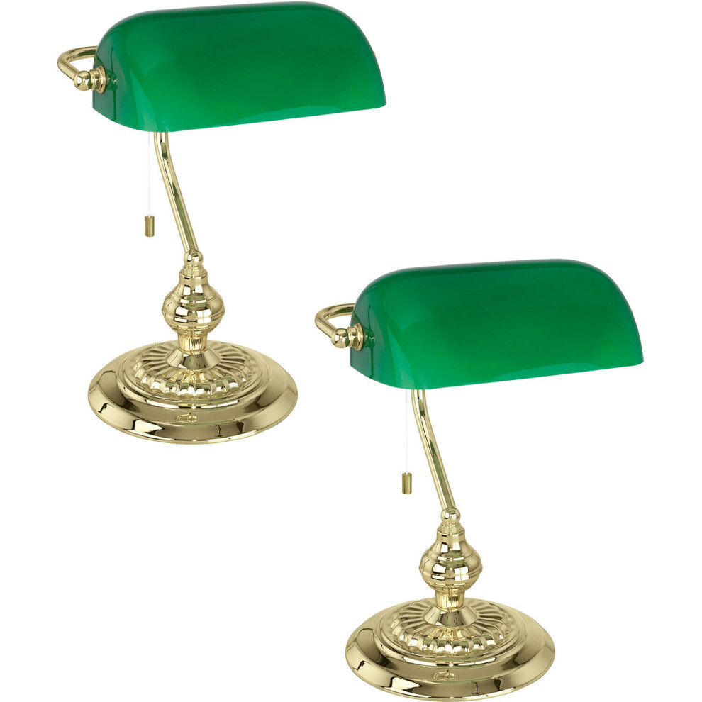 Loops 2 Pack Table Lamp Colour Brass Shade Green Glass Painted Pull Switch E27 1X60w