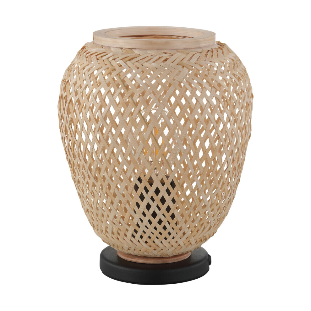 Table Lamp Desk Light Black Base & Round Wicker Wood Shade 1 x 40W E27 Bulb