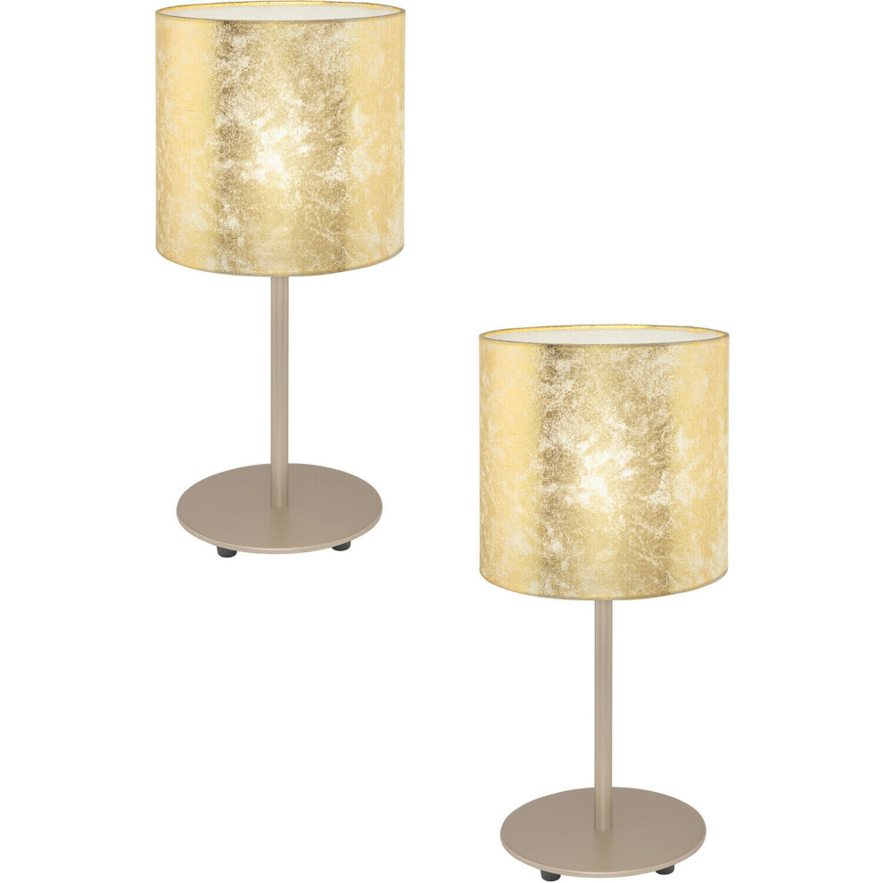 Loops 2 Pack Table Lamp Champagne Slim Stem Round Base Shade Gold Fabric E27 1X60w