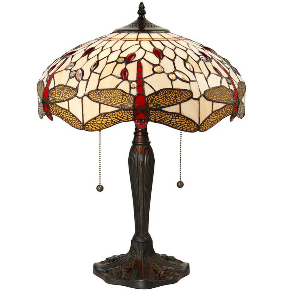 Tiffany Glass Table Lamp Light Dark Bronze & Cream Red Dragonfly Shade i00188