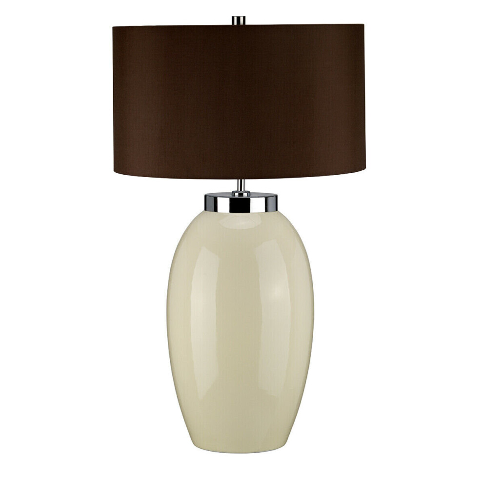 Loops Table Lamp Large Ceramic Cream Glaze Brown Faux Silk Empire Shade Led E27 60W