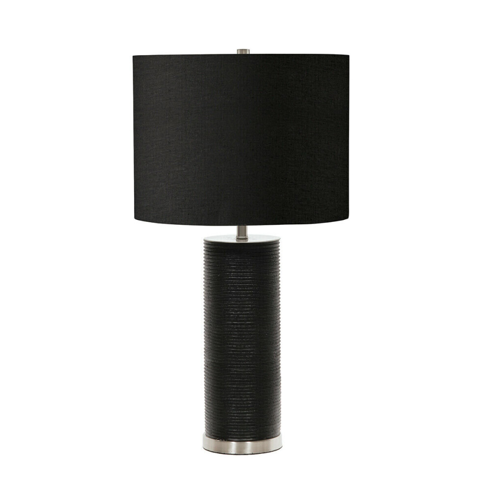 Table Lamp Ribbed Black Resin Base Black Faux Linen Shade Black LED E27 60W