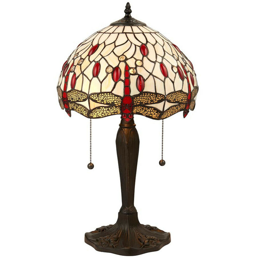 Loops Tiffany Glass Table Lamp & Cream Red Dragonfly Shade I00189 Light/Dark/Bronze