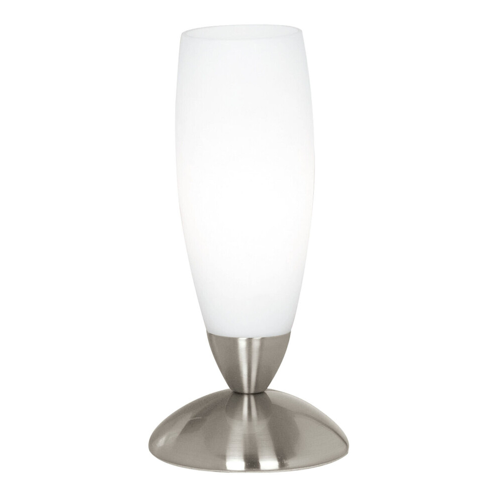 Loops Table Lamp Colour Satin Nickel Shade White Glass In Line Switch Bulb E14 1X40w