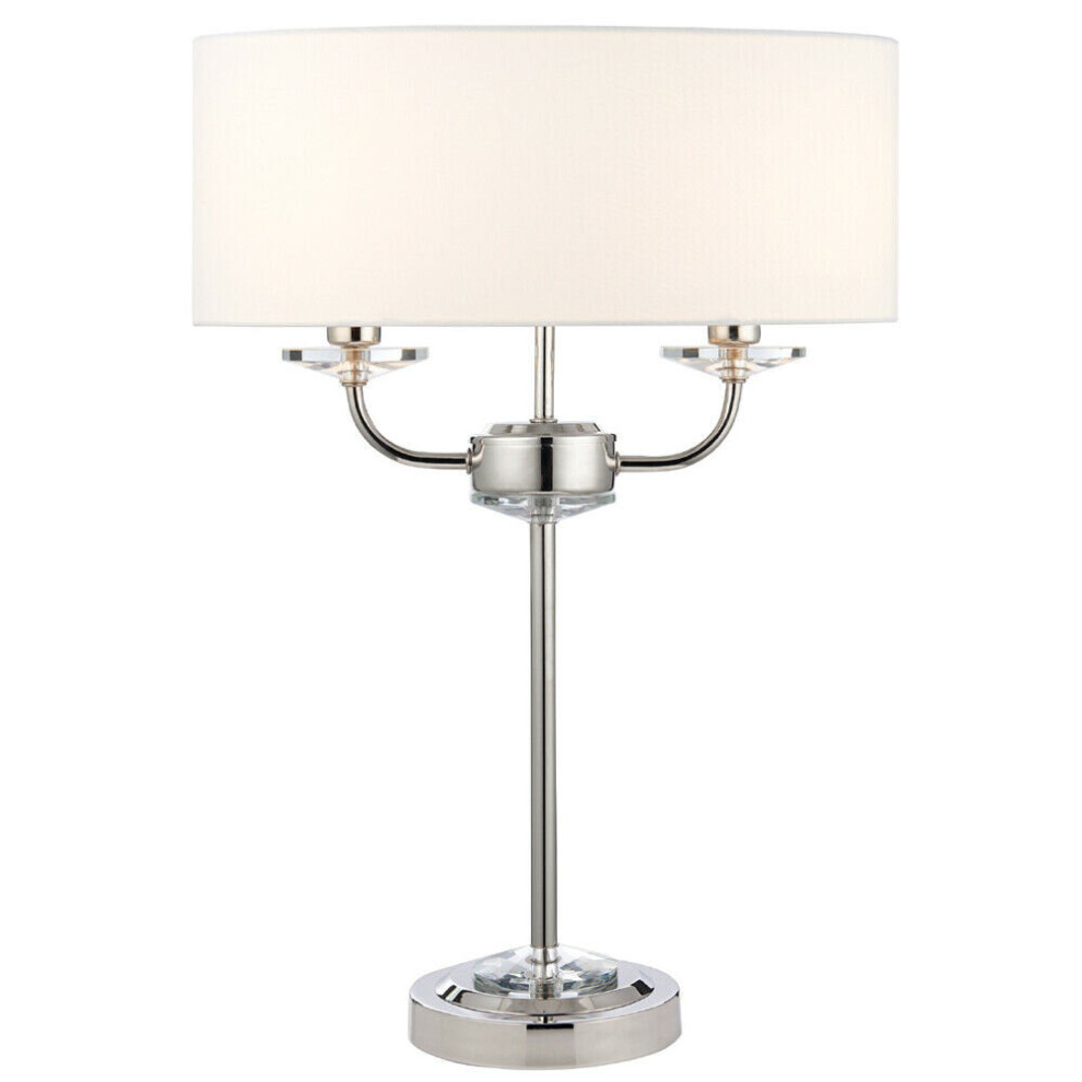 Twin Light Table Lamp Bright Nickel & White Shade Crystal Trim Bedside Feature